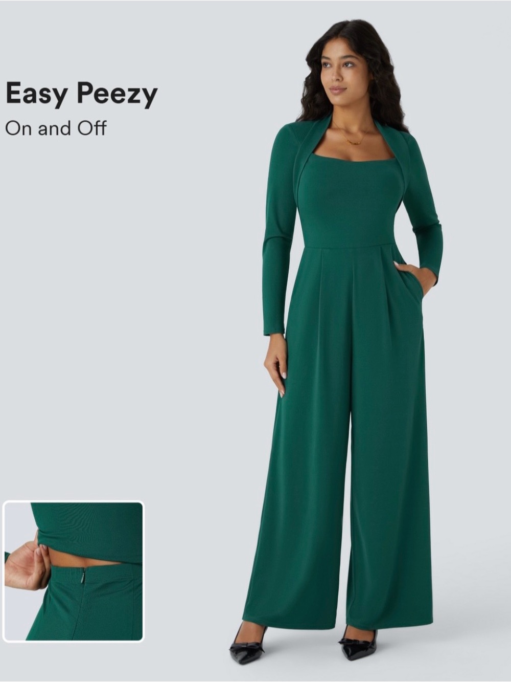 HALARA Emerald Green Square-Neck Wide-Leg Jumpsuit with Bolero